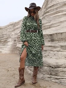 Aveloria Modichic Women's Dress A-Line Slim Fit High Neck Ruched Long Lantern Sleeve Elegant Boho Green Black Leopard Print Fall Brunch Vacation - Green - View 7