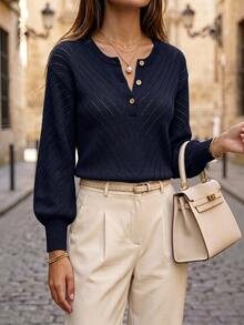SHEIN Women's Commuter Round Neck Hollow Design Button Long Sleeve Sweater - Navy Blue - View 4