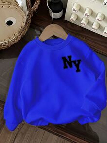 Young Boy Long Sleeve Crew Neck Sweatshirt With Cartoon Pattern And NY Letter, Suitable For Autumn/Winter, Fleece Lined - Multicolor - View 2