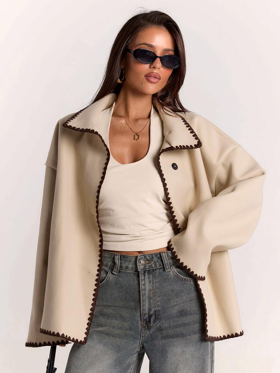 SHEIN BAE Women's Long Sleeve Contrast Trim Button Drop Shoulder High Neck Jacket - Khaki - View 1