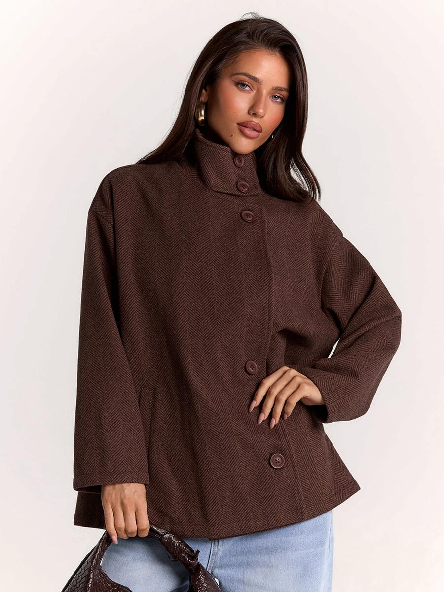 SHEIN BAE Mantel Wanita Polos Kerah Tinggi Kancing Dekorasi Saku Ganda Longgar Kasual Modis - Mocha Brown - View 1