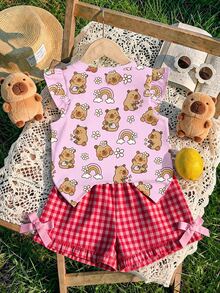 Young Girl Capybara Floral Strawberry Rainbow Print Flutter Sleeve Round Neck Top - Multicolor - View 2