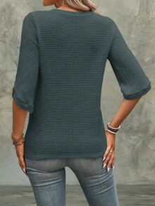 Linhara CURVE Women's Summer Casual Minimalist Round Neck Textured T-Shirt, Plus Size T-Shirt - Green - View 2