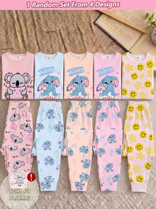 [Randomly Send 1set]Girls Fashion New Cute Koala, Rabbit & Star Round Neck Pullover Long Sleeve Top With Rabbit Element Pattern All-Over Print Long Pants, Knitted Fabric Comfortable Soft High Elasticity Slim Fit 2 Pieces Set Loungewear - Multicolor - View 1