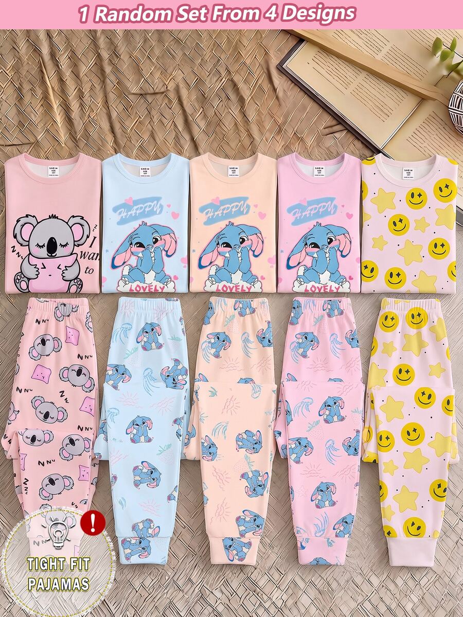 [Randomly Send 1set]Girls Fashion New Cute Koala, Rabbit & Star Round Neck Pullover Long Sleeve Top With Rabbit Element Pattern All-Over Print Long Pants, Knitted Fabric Comfortable Soft High Elasticity Slim Fit 2 Pieces Set Loungewear - Multicolor - View 1