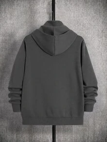 SHEIN 青少年男孩灰色雙層連帽衛衣，立領面罩設計，寬鬆版型，冬季開學季休閒舒適柔軟時尚秋季連帽衫 - 深灰色 - 查看 2
