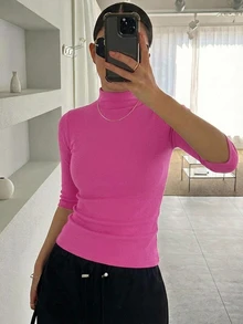 DAZY 女款高領修身基本款簡約T恤 - 玫紅色 - 查看 4