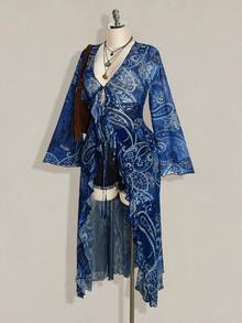 SHEIN ICON 大尺碼女款V領滿版印花休閒日常穿著上衣 - 寶藍色 - 查看 4