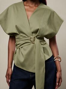 NYA SZN Top Short Sleeve Blouse Gold Hardware Wrap Top Asymmetrical V Neck Wrap Brunch Everyday School Business Workwear Event Party Green Summer Fall Winter - Army Green - View 2