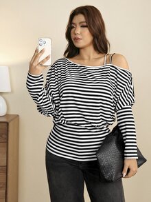 Edennvi Plus Size Black & White Striped Asymmetrical Shoulder Strap Batwing Sleeve Long Sleeve Fitted T-Shirt With Cinched Waist - Black and White - View 1