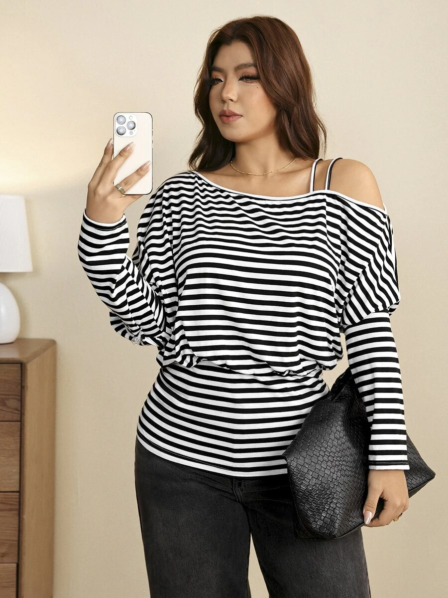 Edennvi Plus Size Black & White Striped Asymmetrical Shoulder Strap Batwing Sleeve Long Sleeve Fitted T-Shirt With Cinched Waist - Black and White - View 1
