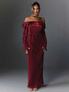 NYA SZN Dress Maxi Satin Pleated Cold Shoulder Long Sleeve Special Occasion Holiday Festival Brunch Date Night Elegant Luxury Casual Event Everyday Fall Winter - Red - View 1