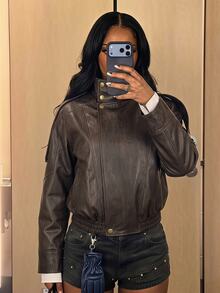 SHEIN SXY Women's Fashion High Neck Button Design Long Sleeve Jacket - Coffee Brown - View 3