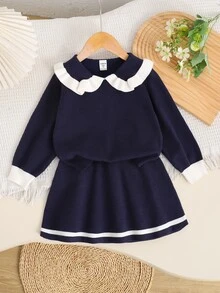 SHEIN 女童套裝，深藍色套頭毛衣套裝，適合秋冬穿著 - 藏蓝色 - 查看 6