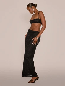 MUSERA Lacey Strappy Cropped Top With Low Rise Maxi Skirt Sexy Evening Night Going Out Fall Winter Autumn Solitude - Black - View 2
