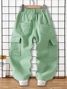 SHEIN 男童新款時尚工裝風彈性腰多口袋休閒迷彩牛仔長褲，適合街頭穿搭、校園、外出等多場景穿著，迷彩牛仔長褲 - 軍綠色 - 查看 2