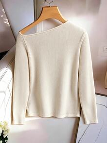 Linhara CURVE Women's Solid Color Asymmetrical Shoulder Long Sleeve Elegant Fashion Versatile T-Shirt - Apricot - View 2