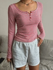 CovetEZ 女款春夏棉混紡紅色條紋半拉鍊T恤 - 紅色 - 查看 6