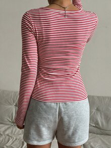 CovetEZ 女款春夏棉混紡紅色條紋半拉鍊T恤 - 紅色 - 查看 2