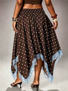 Rustia Korean Style Hot Girl Polka Dot Lace Patchwork High Waist Flared Skirt - Coffee Brown - View 2
