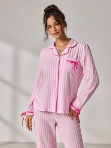 EverLounge Women's Pink & White Vertical Striped Bowknot Long Sleeve Single-Breasted Top And Elastic Waist Long Pants Pajama Set - Pink - View 6