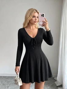 SHEINBlues Women's Dress Drawstring Tie V-Neck Waist-Flattering A-Line Elastic Knit Elegant - Black - View 3