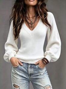 Trelyra V-Neck Long Sleeve Lantern Sleeve Solid Color Sweater - White - View 3