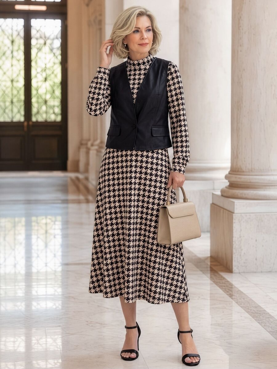 EMERY ROSE Women's Slim Fit Black Tank Top And High Neck Long Sleeve Houndstooth Maxi Dress Set Office Formal Winter Elegant Casual - Multicolor - View 1