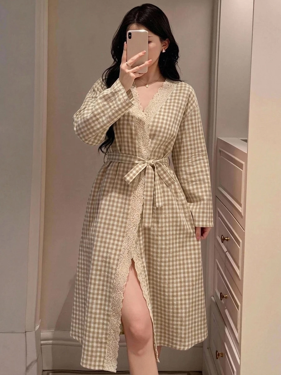 DAZY 夏秋款女式寬鬆蕾絲拼接格紋長款睡裙 - 杏色 - 查看 1