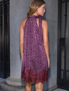 Nöista Burgundy Jacquard Halter Mini Dress With Neck Tie, Flared Fit And Lace Hem. Fall, Winter, Party, Evening, Romantic, Dinner, Christmas, Night Out. - Purple - View 4