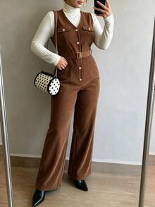 Elenzga Plus Size VNeck Corduroy Jumpsuit, Belt Waist Decorative Buttons Wide Flare Leg Jumpsuit - Brown - View 4