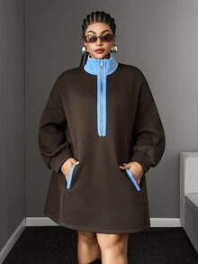Maweii Plus Size Women's Colorblock Casual Everyday Long Sleeve Sweatshirt - Brown - View 3