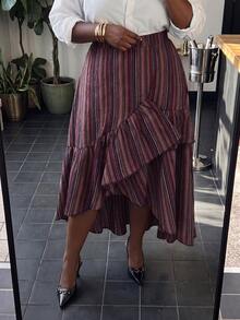Slaydiva Chân váy kẻ sọc size lớn thanh lịch với gấu bèo bất đối xứng, ngắn trước dài sau, phù hợp cho hẹn hò, tiệc tùng và các dịp lễ - màu tím - Màu tím - Xem 5