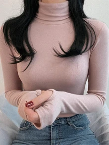 DAZY 女款素色高領修身百搭日常長袖T恤 - 粉色 - 查看 1