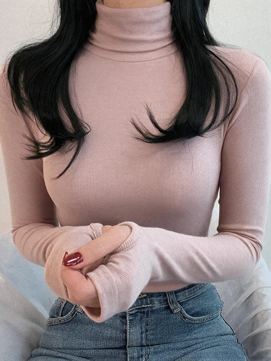 DAZY 女款素色高領修身百搭日常長袖T恤 - 粉色 - 查看 1