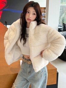 K-Vae Women's Beige Plush Padded Coat, Autumn/Winter - Beige - View 3