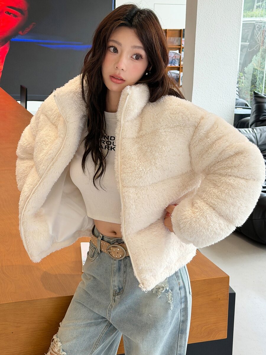 K-Vae 女款米色毛絨加厚外套,秋冬款 - 米色 - 查看 1