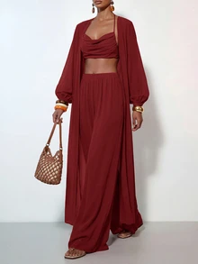 Zivah Women's Solid Color Lantern Sleeve Long Robe Cropped Halter Neck Tank Top And Wide Leg Pants Fashion Vacation Set - Burgundy - View 5