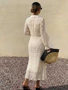 DAZY Solid Color Textured Fabric Long Sleeve Dress, Elegant Vacation Korean Style Spring/Autumn Maternity Dress - Beige - View 2