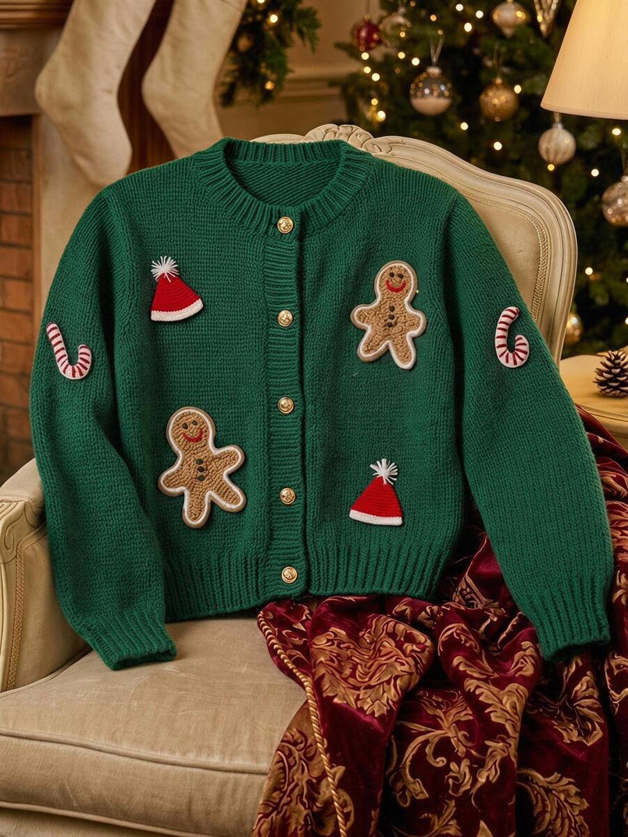 SHEIN Clasi Women's Green Christmas Pattern Button Front Long Sleeve Round Neck Cute Cardigan - Green - View 1