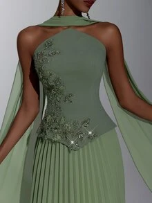 Elitara Elegant Army Green Knit Chiffon 2 In 1 Bandeau A-Line Pleated Dress With Flutter Sleeves For Women's Formal Evening Party - Army Green - View 7