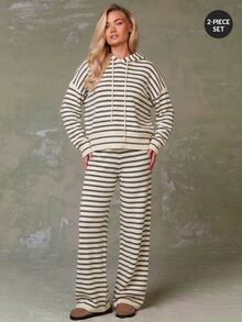 Athîral Women's Casual Hooded Sweatshirt And Striped Knit Pants 2 Pieces Set - Apricot - View 3