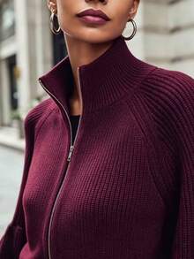 RosyDaze Wine Red Stand Collar Zipper Short Knit Cardigan Plus Size Women's Lantern Petal Sleeve Raglan Sleeve Ribbed Sweater Jacket Autumn/Winter - Burgundy - View 4