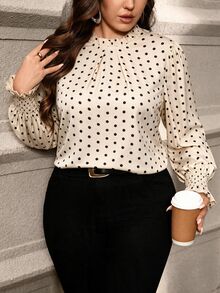 SHEIN Clasi 大尺碼女款波點印花立領荷葉邊上衣 - 杏色 - 查看 1