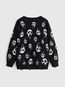 ROMWE Dark Gothic Halloween Ghost Face Jacquard Distressed Design Crew Neck Pullover Loose Fit Plus Size Sweater - Black - View 2