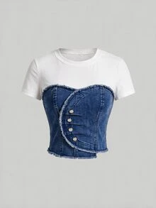 SHEIN MOD Atasan Denim Lengan Pendek Warna Kontras dengan Kancing dan Rumbai untuk Wanita Seksi Ukuran Plus - Medium Wash - View 2