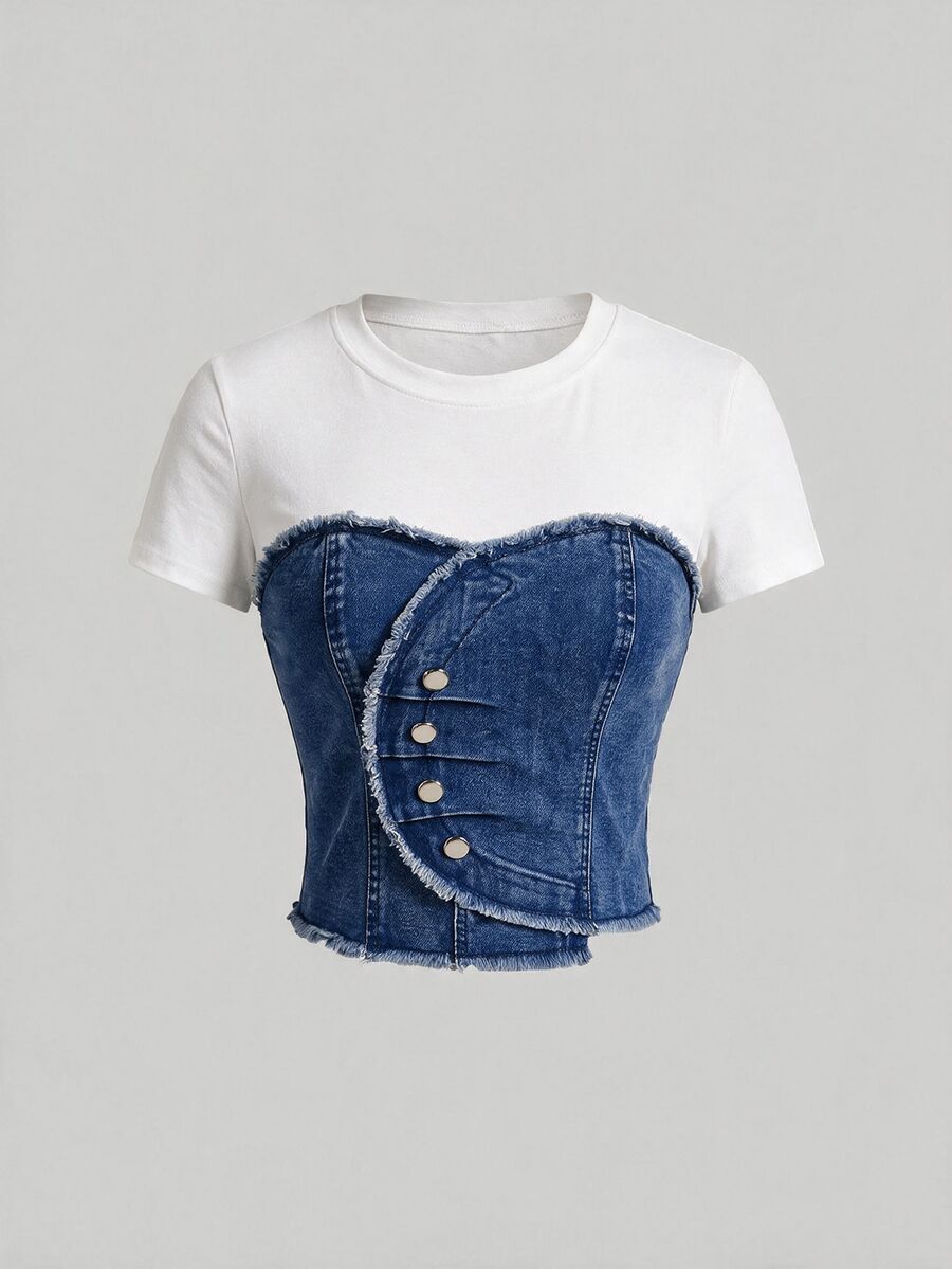 SHEIN MOD Atasan Denim Lengan Pendek Warna Kontras dengan Kancing dan Rumbai untuk Wanita Seksi Ukuran Plus