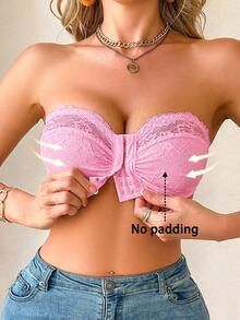 SHEIN 1pc Wedding Lace Wireless Front Closure Bra, Bandeau Style - Pink - View 1
