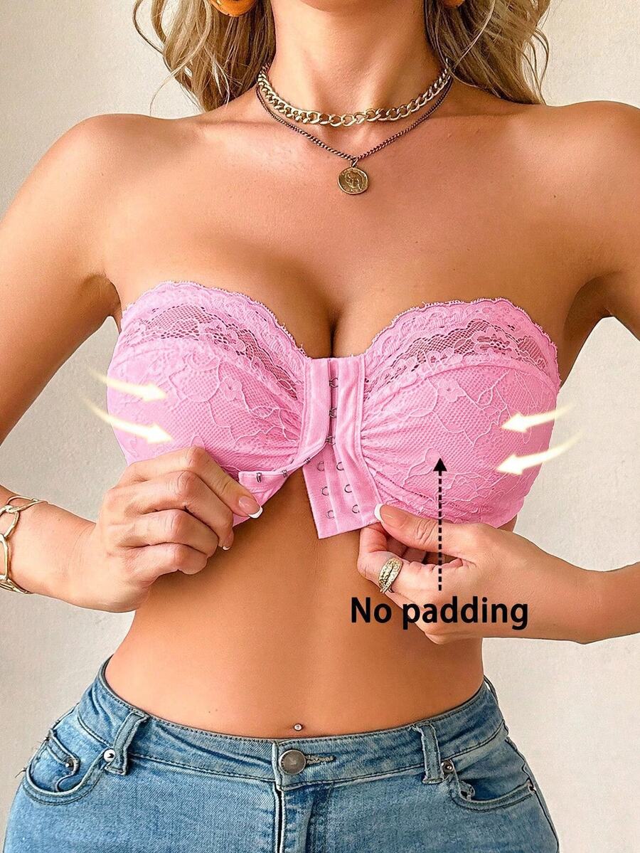 SHEIN 1pc Wedding Lace Wireless Front Closure Bra, Bandeau Style - Pink - View 1
