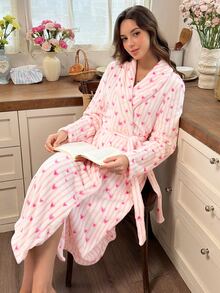 Snug Reverie Romantic Fresh Women's Plush Pink Striped Heart Print Long Robe, Autumn/Winter - Multicolor - View 4